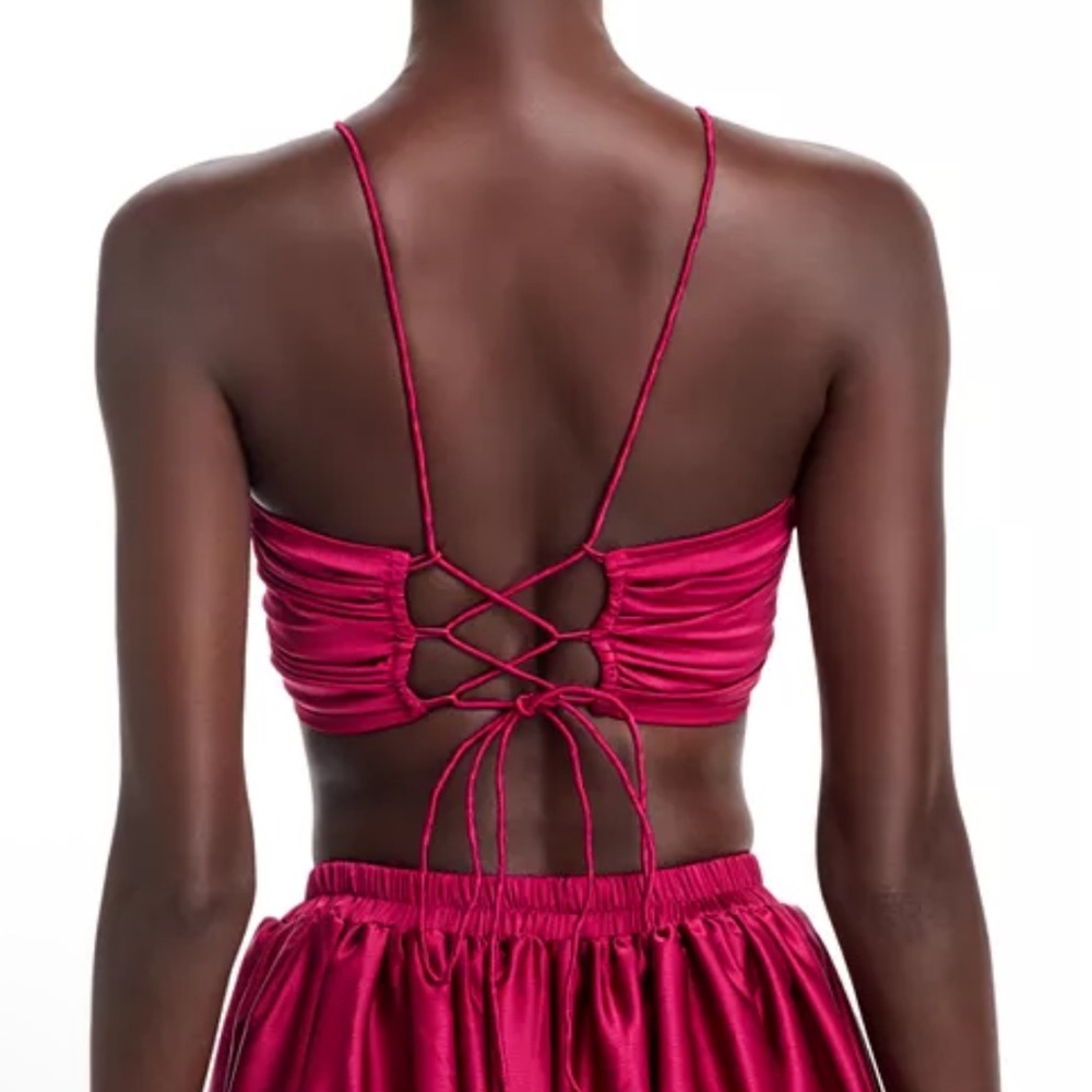 L’idee Triumph Crop Pleated 3D Flower Rosette Lace Up Back Bra Top size US 6 - Picture 6 of 12